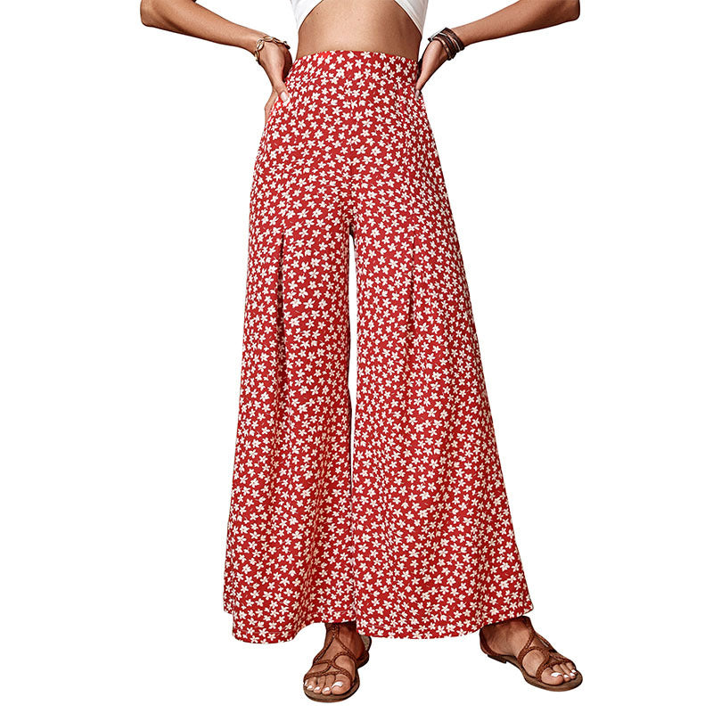Red Ditsy Floral High-Waist Flared Wide-Leg Pants