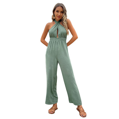 Solid Straight-Leg Jumpsuit with Halter Neck and Smocked Waist
