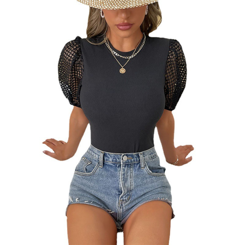 Bodycon Short Jumpsuit with Mesh Puff Sleeves