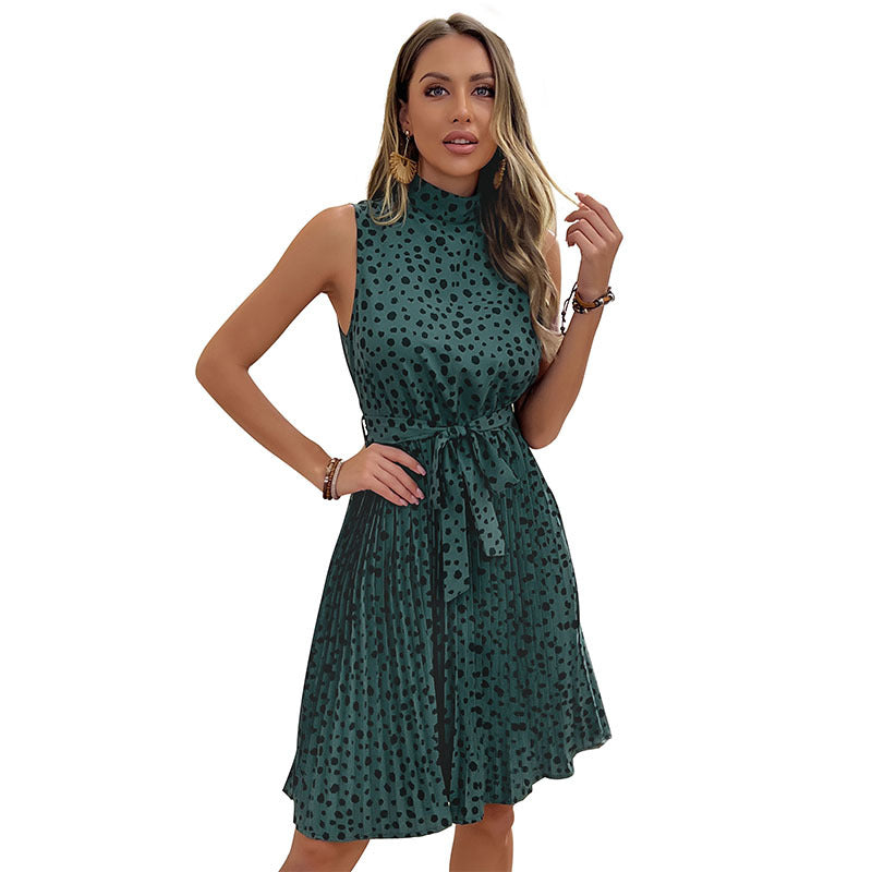 Leopard Print Pleated Dress with Mock Neck and Tie Waist