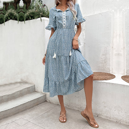 Floral A-Line Midi Dress with V-Neck and Ruffle Sleeves