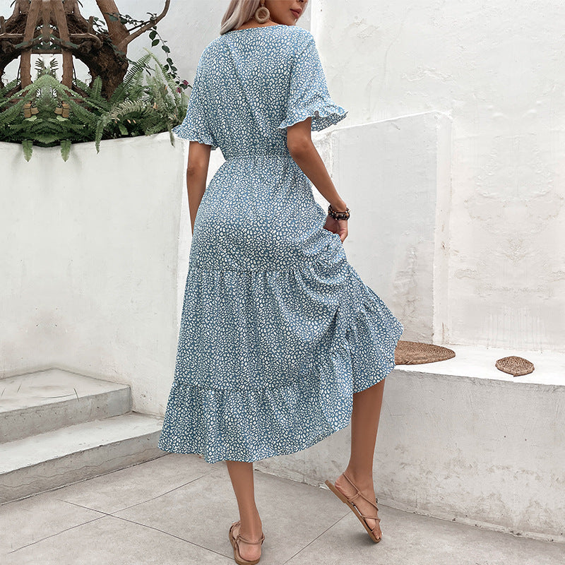 Floral A-Line Midi Dress with V-Neck and Ruffle Sleeves