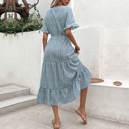 Floral A-Line Midi Dress with V-Neck and Ruffle Sleeves
