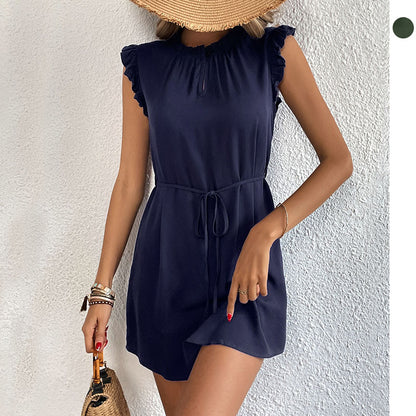 Solid A-Line Mini Dress with Flutter Sleeves and Tie-Waist