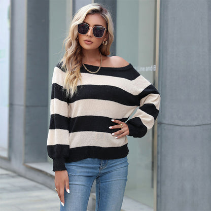 Slouchy Striped Pullover Sweater with Wide Neckline