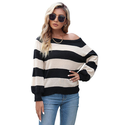 Slouchy Striped Pullover Sweater with Wide Neckline