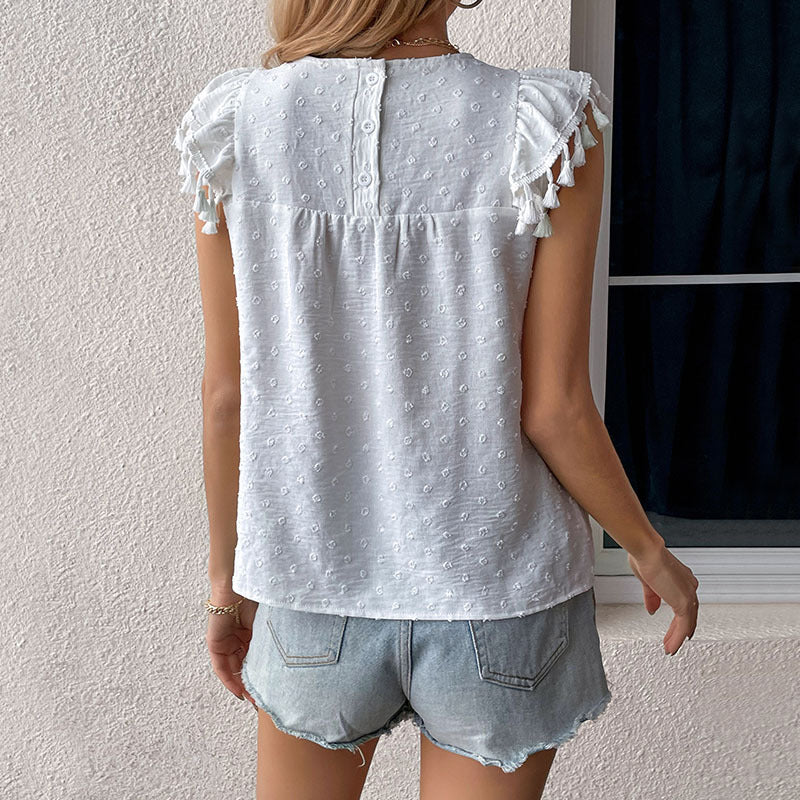 Jacquard Sleeveless Top with Tassel Shoulder Detail