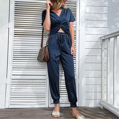 Solid Two-Piece Set with Twist-Front Top and Jogger Pants