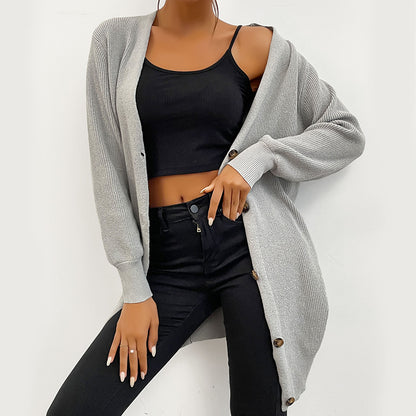 Gray Loose Fit Long Cardigan with Button Front