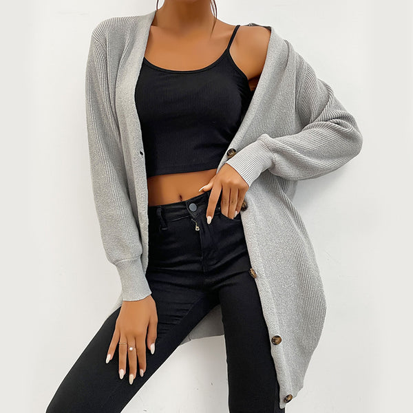 Gray Loose Fit Long Cardigan with Button Front