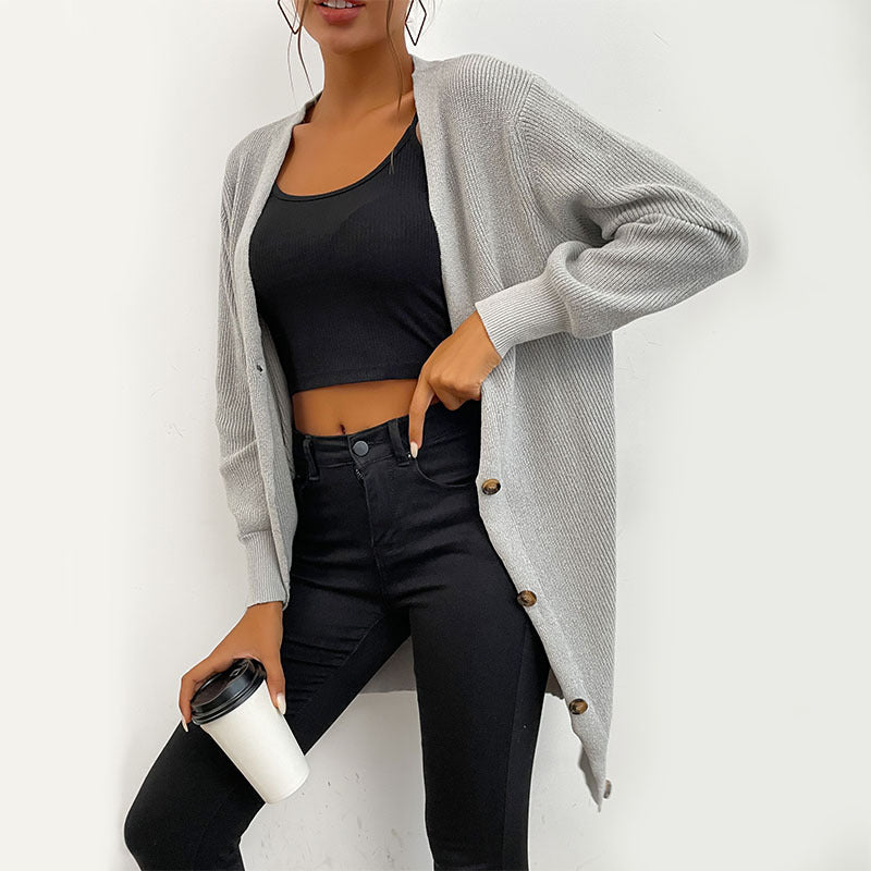 Gray Loose Fit Long Cardigan with Button Front
