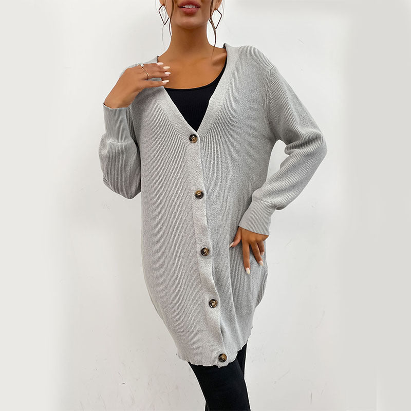 Gray Loose Fit Long Cardigan with Button Front