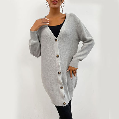 Gray Loose Fit Long Cardigan with Button Front