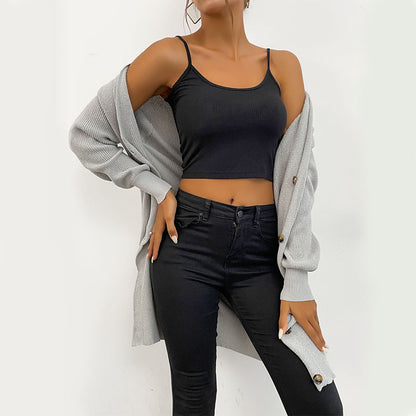Gray Loose Fit Long Cardigan with Button Front