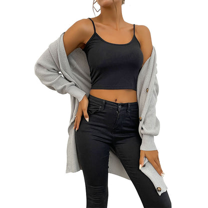 Gray Loose Fit Long Cardigan with Button Front