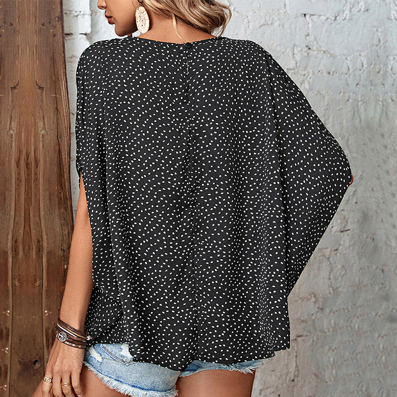 Loose Fit Polka Dot Blouse with Bat Sleeves