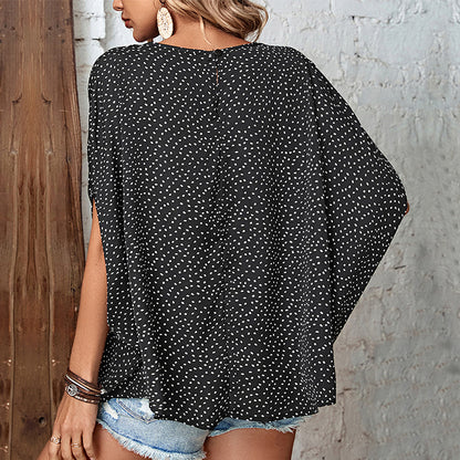Loose Fit Polka Dot Blouse with Bat Sleeves