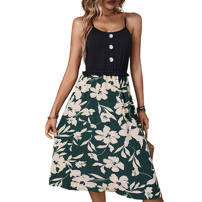 A-Line Floral Midi Dress with Patchwork Bodice