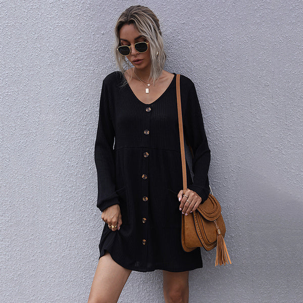 Loose V-Neck Button-Front Sweater Dress with Long Sleeves