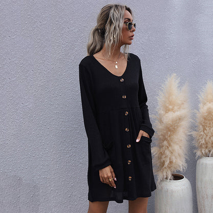 Loose V-Neck Button-Front Sweater Dress with Long Sleeves