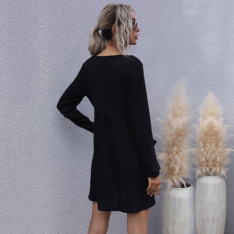 Loose V-Neck Button-Front Sweater Dress with Long Sleeves