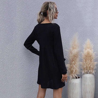 Loose V-Neck Button-Front Sweater Dress with Long Sleeves