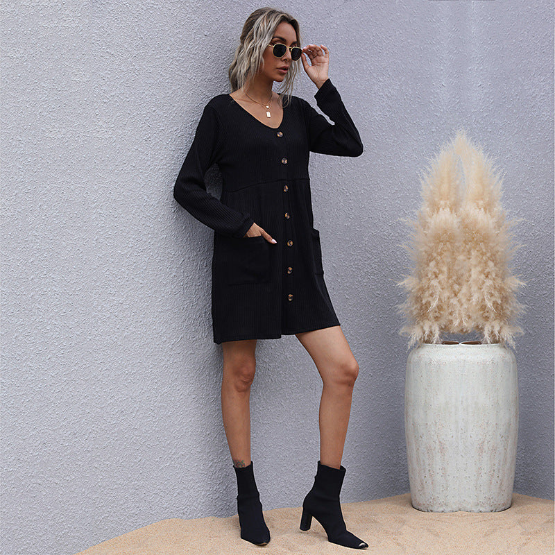 Loose V-Neck Button-Front Sweater Dress with Long Sleeves