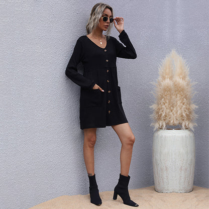 Loose V-Neck Button-Front Sweater Dress with Long Sleeves