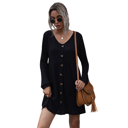 Loose V-Neck Button-Front Sweater Dress with Long Sleeves