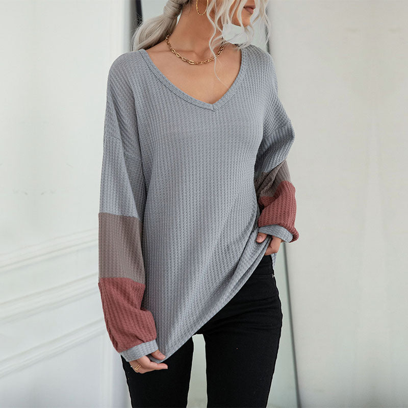 Loose Color-Blocked Waffle Knit Pullover with V-Neck