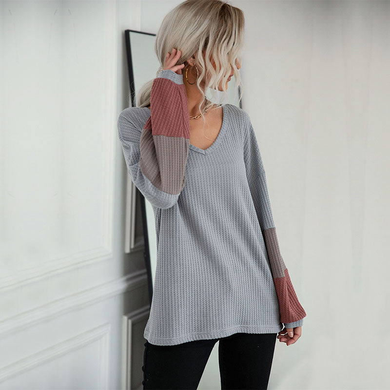Loose Color-Blocked Waffle Knit Pullover with V-Neck