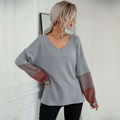 Loose Color-Blocked Waffle Knit Pullover with V-Neck