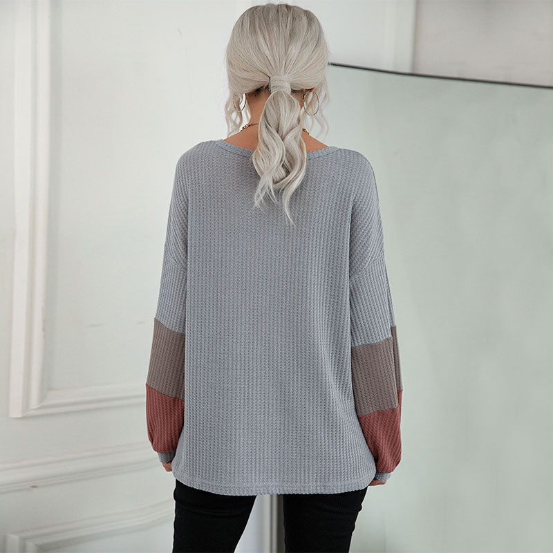 Loose Color-Blocked Waffle Knit Pullover with V-Neck