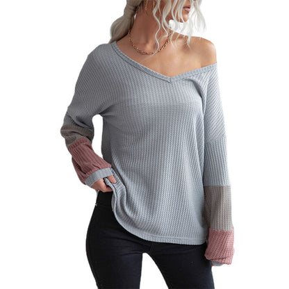 Loose Color-Blocked Waffle Knit Pullover with V-Neck
