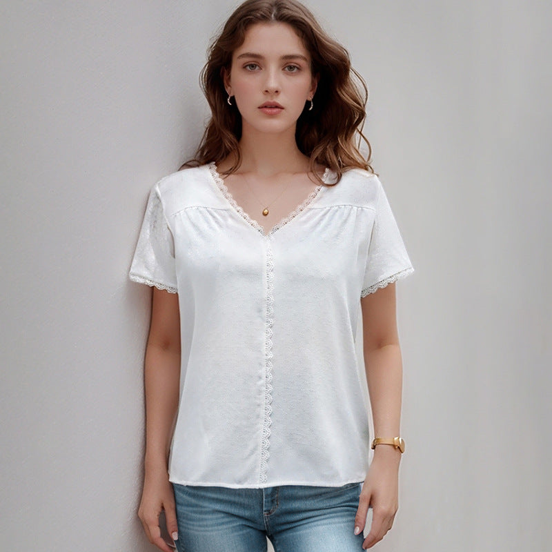 Solid Short Sleeve Blouse with Lace Splicing V-Neck