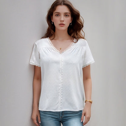 Solid Short Sleeve Blouse with Lace Splicing V-Neck