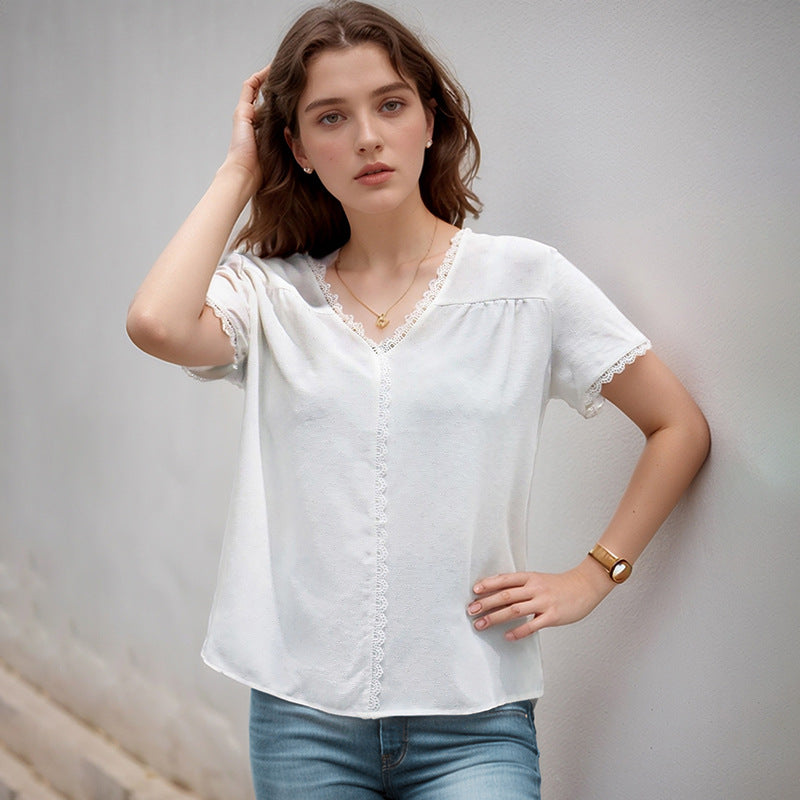 Solid Short Sleeve Blouse with Lace Splicing V-Neck