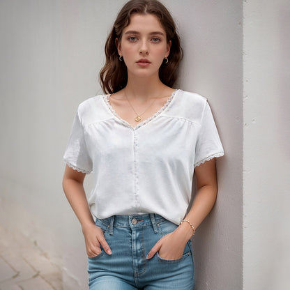 Solid Short Sleeve Blouse with Lace Splicing V-Neck