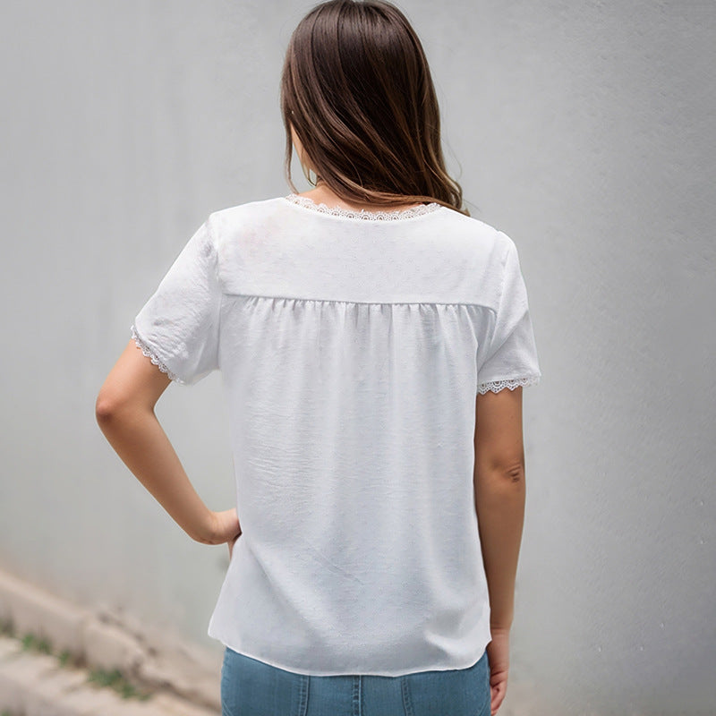 Solid Short Sleeve Blouse with Lace Splicing V-Neck