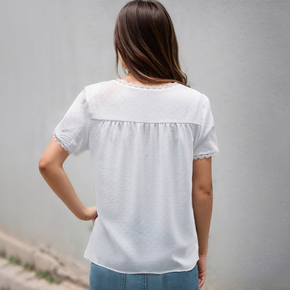 Solid Short Sleeve Blouse with Lace Splicing V-Neck
