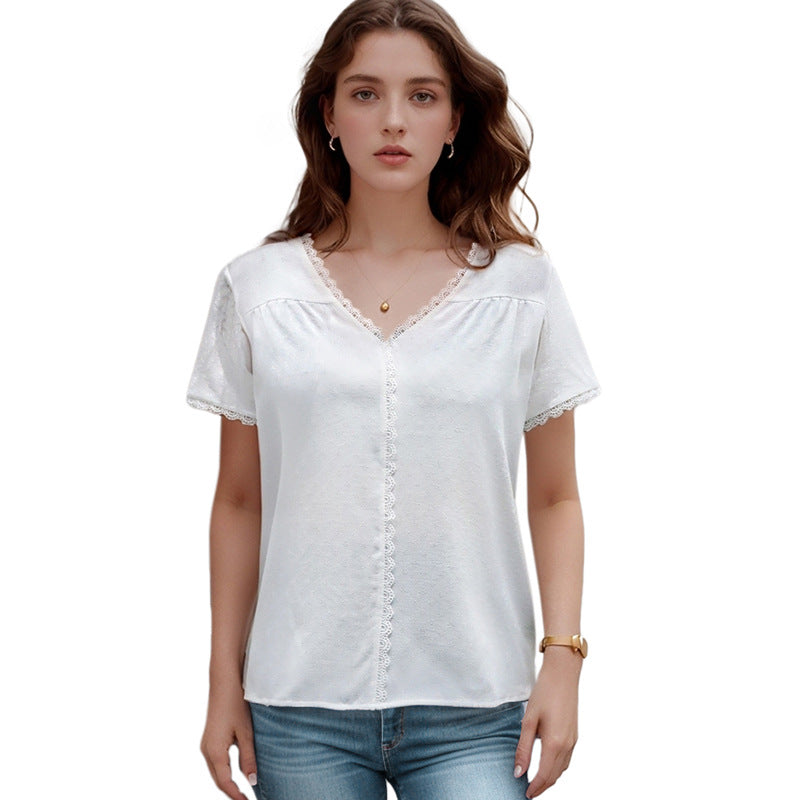 Solid Short Sleeve Blouse with Lace Splicing V-Neck
