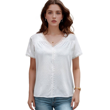 Solid Short Sleeve Blouse with Lace Splicing V-Neck