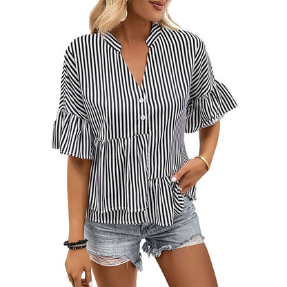 Striped V-Neck Blouse with Ruffled Sleeves and Tiered Hem