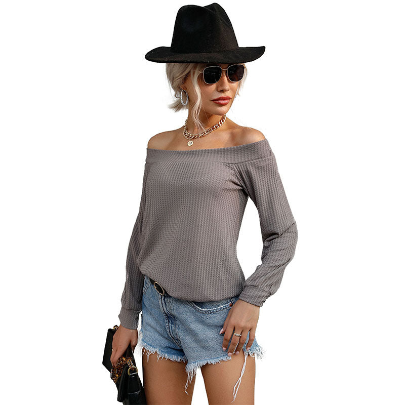 Off-Shoulder Waffle Knit Pullover with Long Sleeves