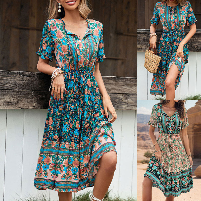 Bohemian Floral Print Midi Dress with Tie-Neck and Drawstring Waist