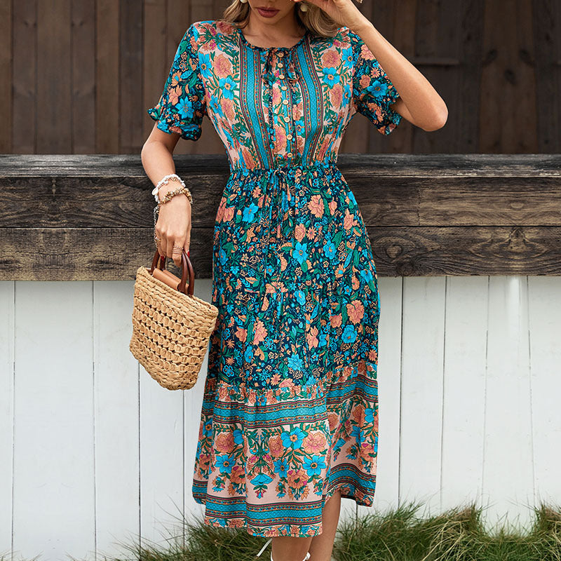 Bohemian Floral Print Midi Dress with Tie-Neck and Drawstring Waist