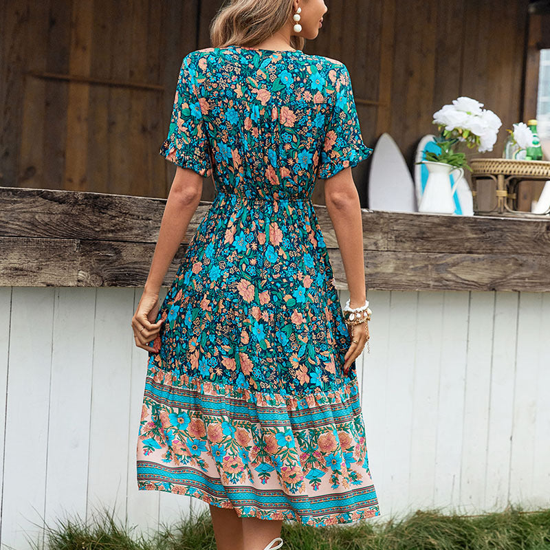 Bohemian Floral Print Midi Dress with Tie-Neck and Drawstring Waist