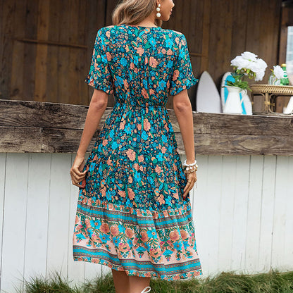 Bohemian Floral Print Midi Dress with Tie-Neck and Drawstring Waist