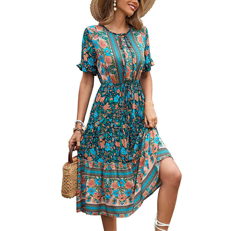 Bohemian Floral Print Midi Dress with Tie-Neck and Drawstring Waist