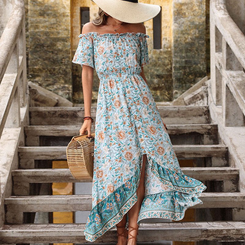 Floral Off-Shoulder Maxi Dress with Button Front and High-Low Hem